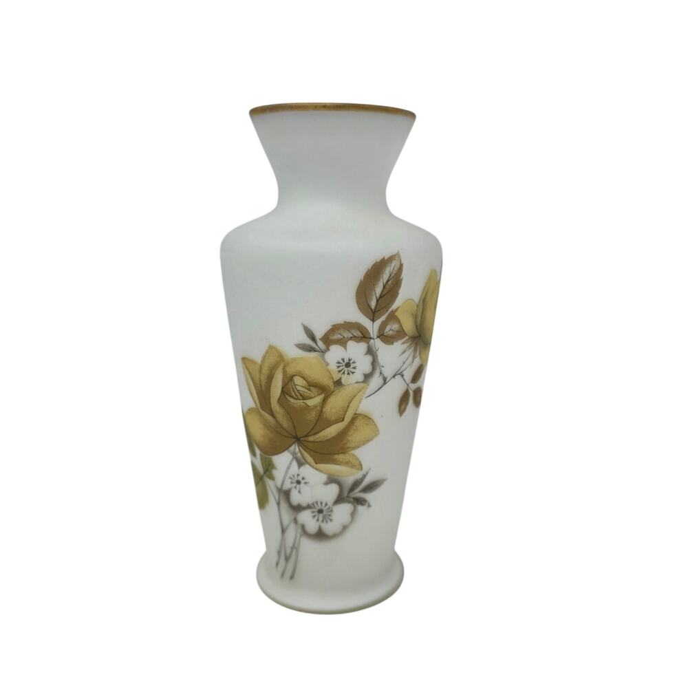 Vintage Japanese Frosted Glass Gold Rose Vase MCM Floral Decor